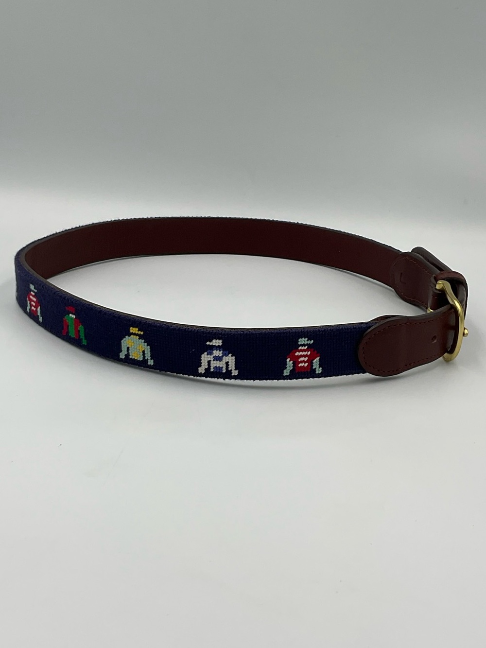 Boy’s Tucker Blair Jockey Silk Hand Stitched Needlepoint Leather Belt Size Large - Picture 3 of 8